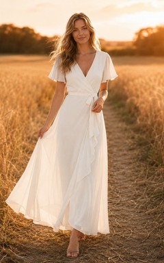 V Neck Flutter Sleeve Chiffon Field Engagement Photo Dress