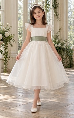 Ivory Square Neck Ruffle Sleeve Sage Sash Flower Girl Dress