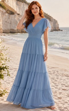Blue V-neck flutter sleeve tiered chiffon maxi dress