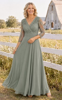Rustikales, salbeigrünes Chiffon-Kleid in A-Linie, bodenlang, mit V-Ausschnitt und Dreiviertel-Spitzenärmeln