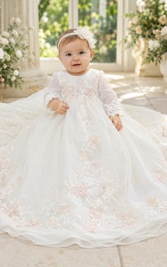 Taufkleid mit floralen Applikationen, A-Linie, Tüllspitze, lange Ärmel, Schleppe