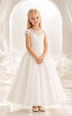 Vestido de niña de las flores, color marfil, encaje, tul, corte en A, manga corta, escote redondo, largo midi.