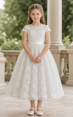 Vintage Tea-length A-Line Jewel Short Sleeve Full Lace Flowergirl Dress