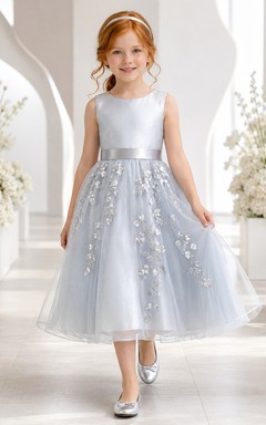 Silver Flower Girl Dress Tea-Length Metallic Satin Tulle A-Line Sleeveless Bateau Botanical Applique Skirt