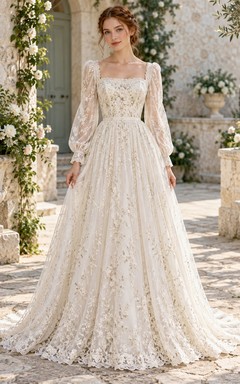 Vintage Square Neck Long Poet Sleeve Allover Lace Wedding Dress
