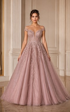 Lace Applique Illusion Ball Gown
