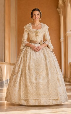 Champagne Gold Fallera Ball Gown Floor Length Scoop Bell Sleeve Brocade Dress