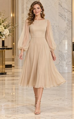 Modest Long Sleeve Champagne Bateau Flowing Tea Length Cocktail Dress