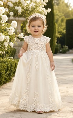 Vestido de encaje de ganchillo vintage para bautizo de bebé, corte A, manga corta, encaje, romántico, elegante, adorable, tul