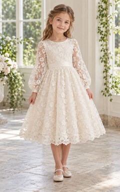 Tea-length Long Sleeve Cream Floral Jewel Bishop Cuff Scalloped Lace Satin Sash Button Flowergirl Dress
