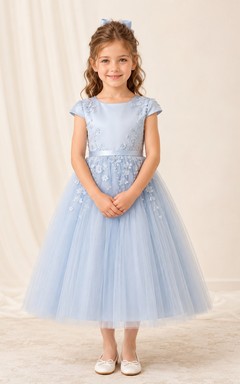 Blue Tulle A-Line Flower Girl Dress with Short Sleeves, Jewel Neck and Tea-Length Skirt