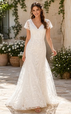 Elegant Allover Lace Wedding Sheath V Neck Illusion Cap Sleeves Train