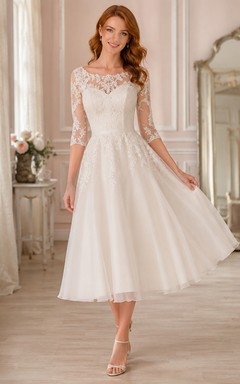 Modest Tea-Length Bateau Long Lace Sleeve Satin Vintage Wedding Dress