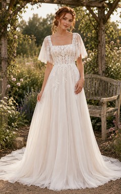 Schneller Versand: Boho-Brautkleid mit flatternden Ärmeln und Spitze