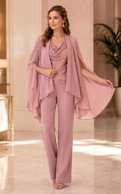 Mauve Elegant Cowl Chiffon Three-Quarter-Sleeve Two-Piece Mother Dress