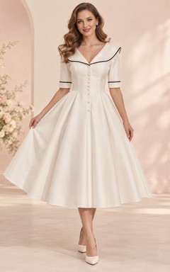 Vintage Teelänge Brautkleid mit V-Ausschnitt, schwarzem Paspelkragen im Matrosenstil, halben Ärmeln und Knopfleiste vorne in A-Linie
