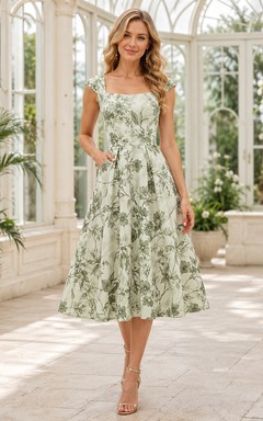 Sage Botanical Square Neck Cap Sleeve Midi Dress