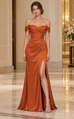 Burnt Orange Off Shoulder Wrapped Satin Slit Formal Gown