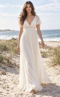 Boho-Brautkleid aus Chiffon, schlicht, Empire-Stil, V-Ausschnitt, flatternde Ärmel, Chiffon, schlicht