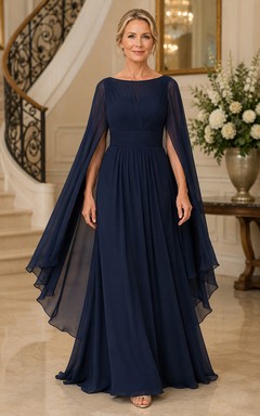 Robe de mère bleu marine foncé, coupe trapèze, en mousseline, manches longues cape