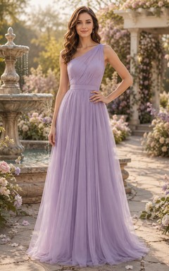 Lavender Garden A-Line Chiffon Tulle Bridesmaid Dress with Sleeveless One-Shoulder Bodice, Pleated Floor-Length Skirt and Low V Back