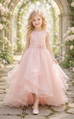 Blumenmädchenkleid aus zartrosa Spitze und Tüll, A-Linie, kurze Ärmel, Rundhalsausschnitt, Teelänge, Rüschenbesatz