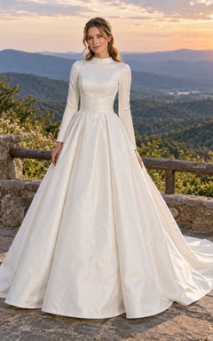 Simple Long Sleeve High Neck A-Line Pleated Taffeta Sweep Train Wedding Dress