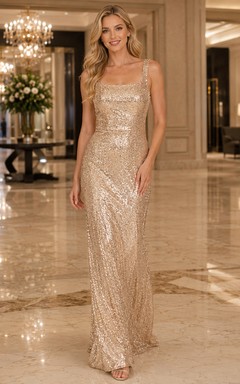 Vestido de tubo hasta el suelo con escote cuadrado, sin mangas y lentejuelas, estilo Argentina Egresada, color champán.