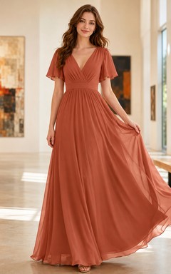 Gallery Formal Papaya Romantic Elegant A-Line Chiffon Bridesmaid Dress with V-Neck Short Sleeve Floor-Length Low Back