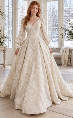 Vestido de novia de baile de brocado floral con escote en V y mangas abullonadas largas