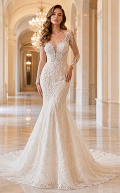 Robe de mariée sirène en dentelle florale à décolleté plongeant et manches courtes