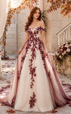 Burgundy Botanical Bridal A-Line Off-the-shoulder Short Sleeve Cathedral Train Romantic Elegant Gown