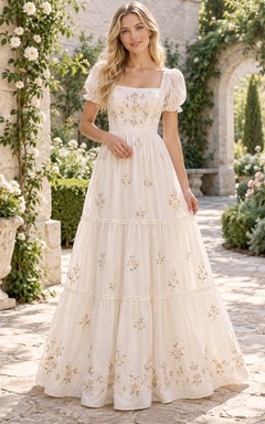 Square Neck Floral A-Line Puff Sleeve Embroidered Tiered Romantic Full-Length Wedding Dress