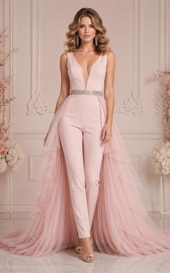 Combinaison romantique en tulle rose poudré à col en V et traîne, robe de soirée de concours