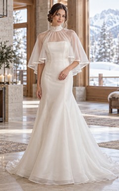 Vestido de novia corto con capa transparente de cuello alto y borde de cinta, estilo sirena, para invierno.