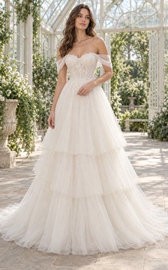 Romantic Airy Layers Off Shoulder Sweetheart Short Sleeve Tiered Lace A-Line Floor Length Wedding Dress