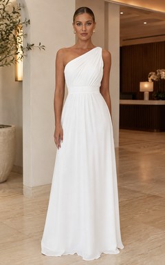 Elegant White One-Shoulder Sleeveless Chiffon A-Line Floor-length Dress