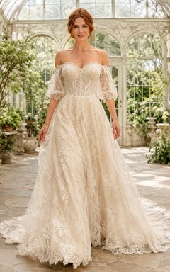 Bohemian Off Shoulder Sweetheart Lace Bell Sleeve A-Line Sweep Train Wedding Dress