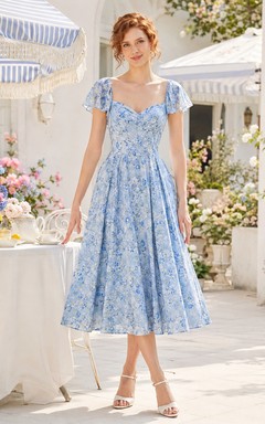 Blue Floral Puff Sleeve Sweetheart Brunch Midi Dress