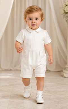 White Mandarin Collar Button Front Short Christening Romper for Baby Boy