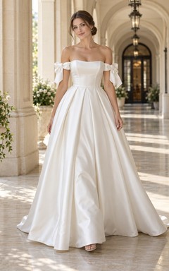 Simple Off Shoulder A-Line Ribbon Bow Pleated Satin Flared Hem Sweeping Wedding Dress