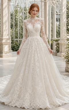 Vestido de novia modesto de encaje, estilo princesa, cuello alto, manga larga, cola de capilla.