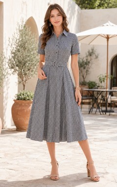 Gray Short Sleeve V-Neck Tea-Length A-Line Casual Dress