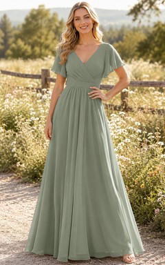 Sage Chiffon A-Line V-Neck Flutter Sleeve Pleated Low Back Floor-Length Bridesmaid Dress