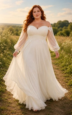 Plus Size schulterfreies Chiffon-A-Linien-Brautkleid
