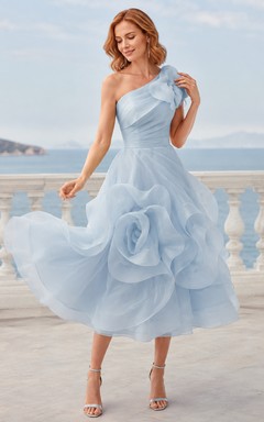 Sky Blue One Shoulder Floral Organza Sculptural Guest Dress