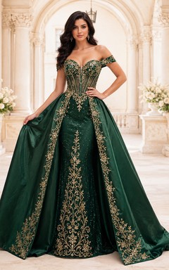 Dark Green Dance Friendly Off Shoulder Gold Embroidered Removable Satin Quinceanera Princess Ball Gown