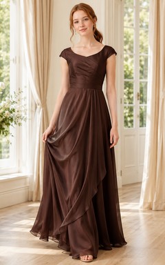 Vestido de dama de honor juvenil marrón, corte en A, escote en V, manga corta, drapeado romántico.