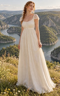 Vestido de novia sencillo de corte A, largo hasta el suelo, con escote redondo, mangas cortas tipo casquillo y corpiño fruncido.