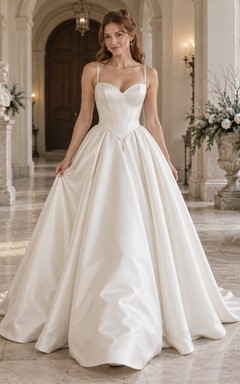 Vestido de novia de satén plisado con escote corazón y cintura vasca